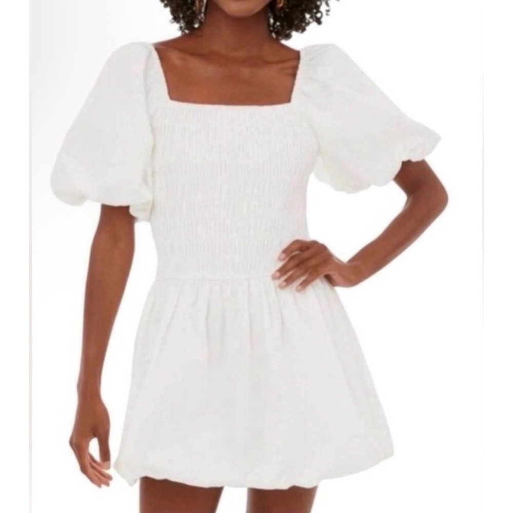 Hyacinth House White Puff Sleeve Bubble Hem Caterina Mini Dress‎ Large L NWT